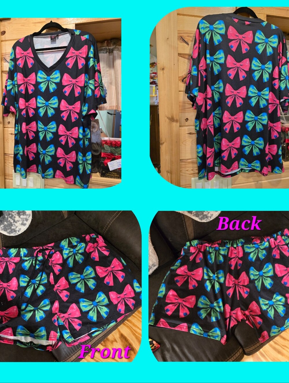 Bow Print Lounge Top & Shorts Set - Black with Pink & Teal Bows NWT